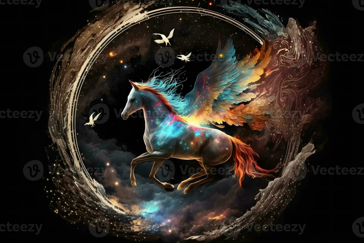 Fairy space winged horse pegasus. Neural network AI generated photo