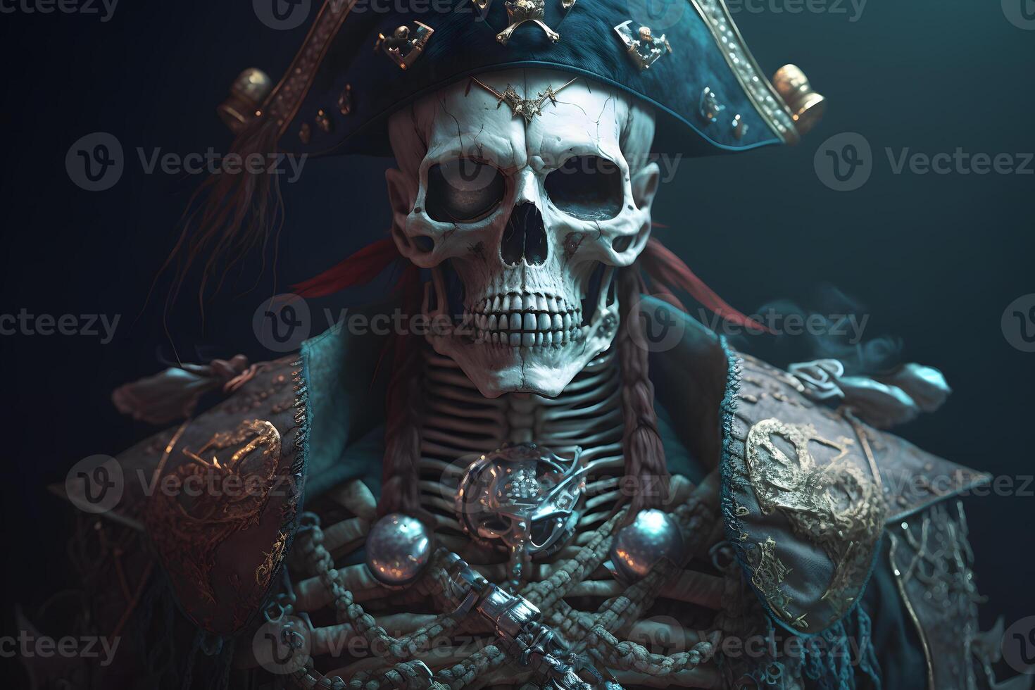 Warrior with skull head and pirate classic hat on dark background. Neural network AI generated photo