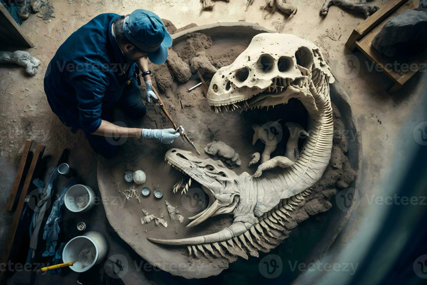 Archaeologist works on an archaeological site with dinosaur skeleton in wall stone fossil tyrannosaurus excavations. Neural network AI generated photo