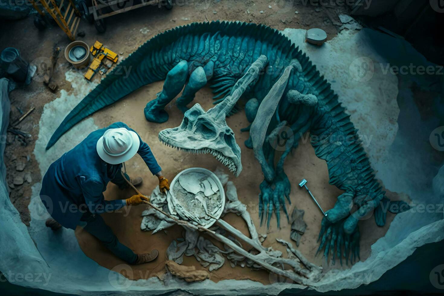 Archaeologist works on an archaeological site with dinosaur skeleton in wall stone fossil tyrannosaurus excavations. Neural network AI generated photo