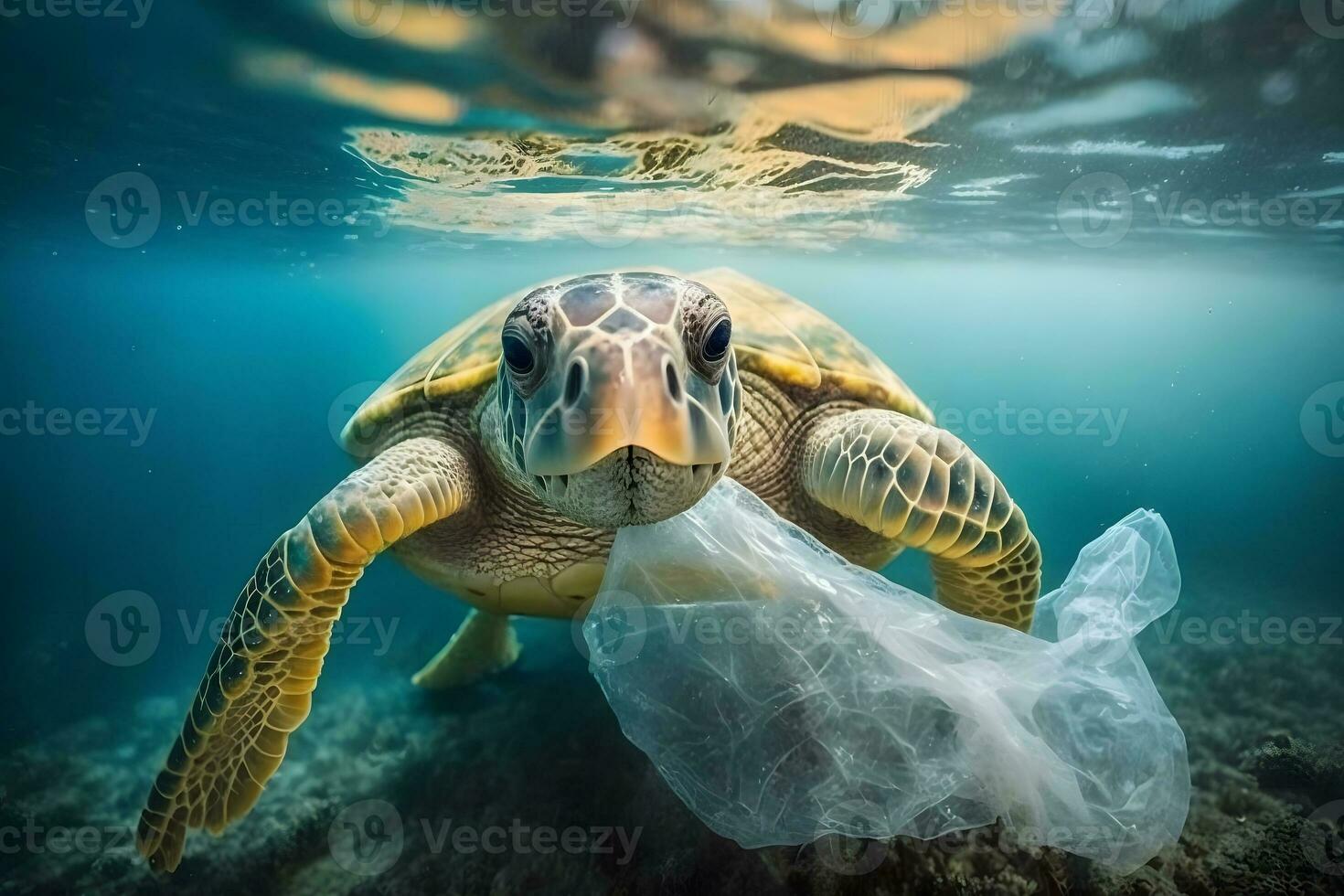 submarino concepto de global problema con el plastico basura flotante en el océanos carey Tortuga en subtítulo de el plastico bolsa. neural red ai generado foto