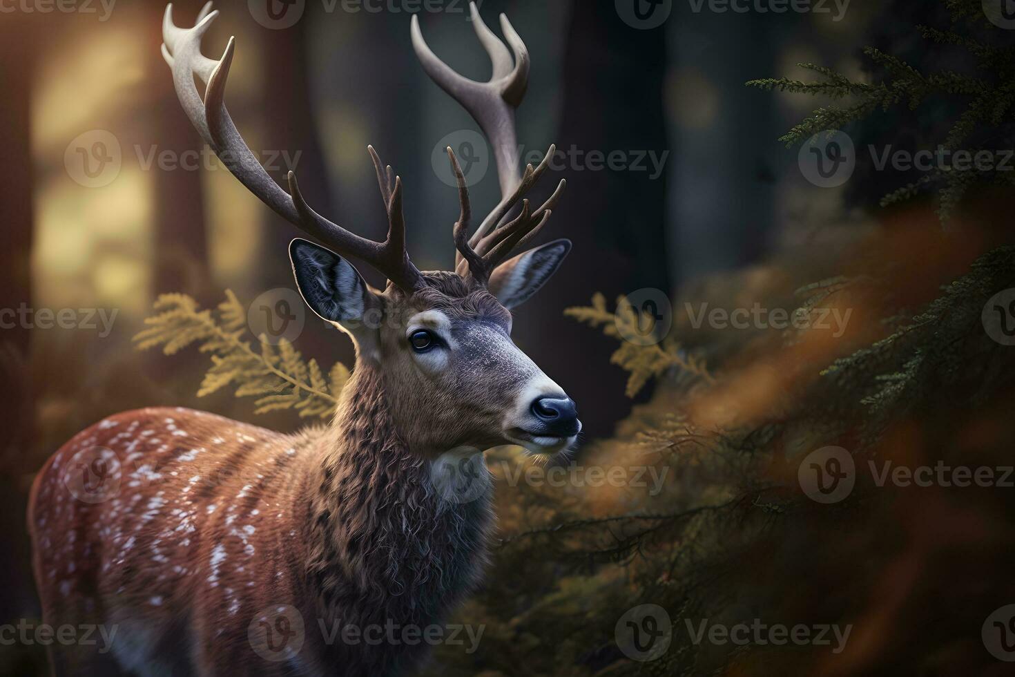 Red deer stag between ferns in autumn forest. Neural network AI generated photo