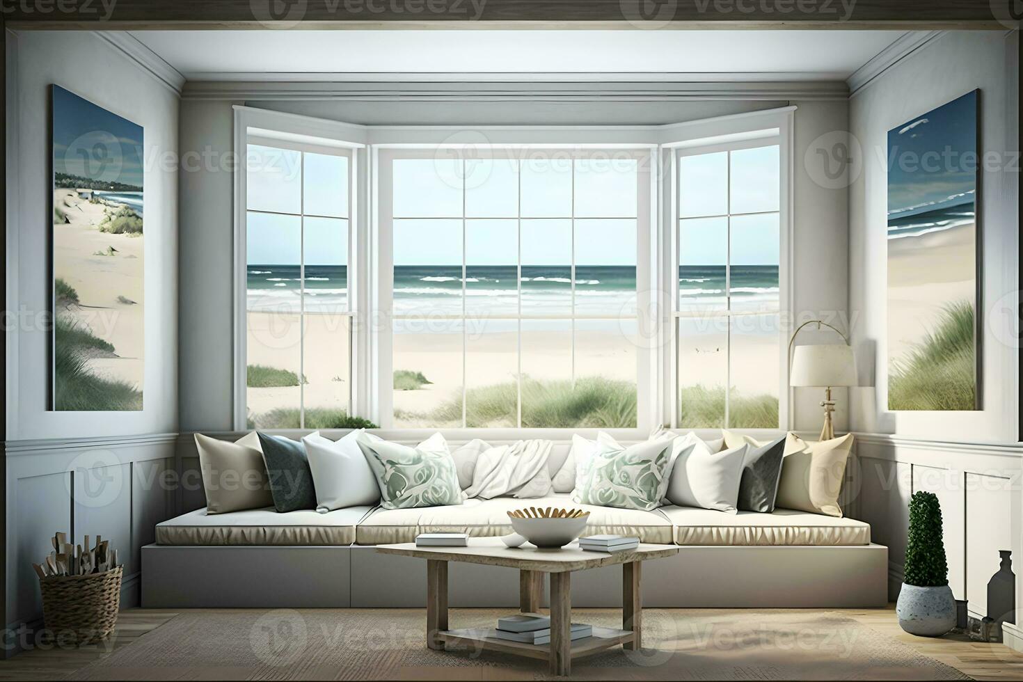 Beach living on Sea view interior with big windows. Neural network AI generated photo