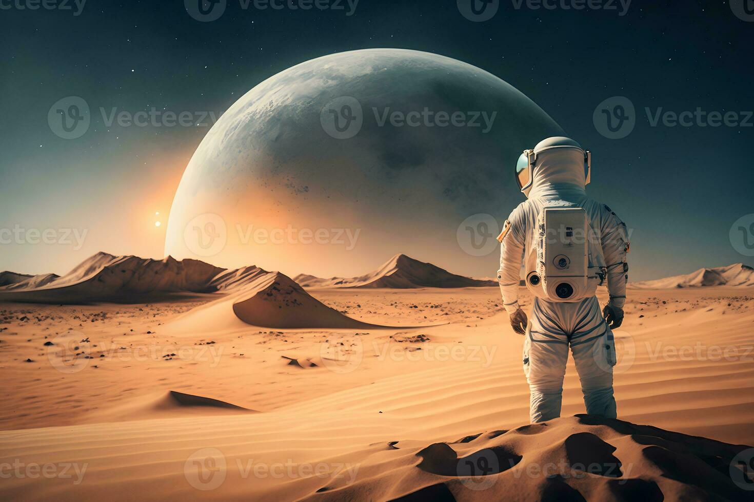 Brave astronaut at the spacewalk on the moon. Neural network AI generated photo