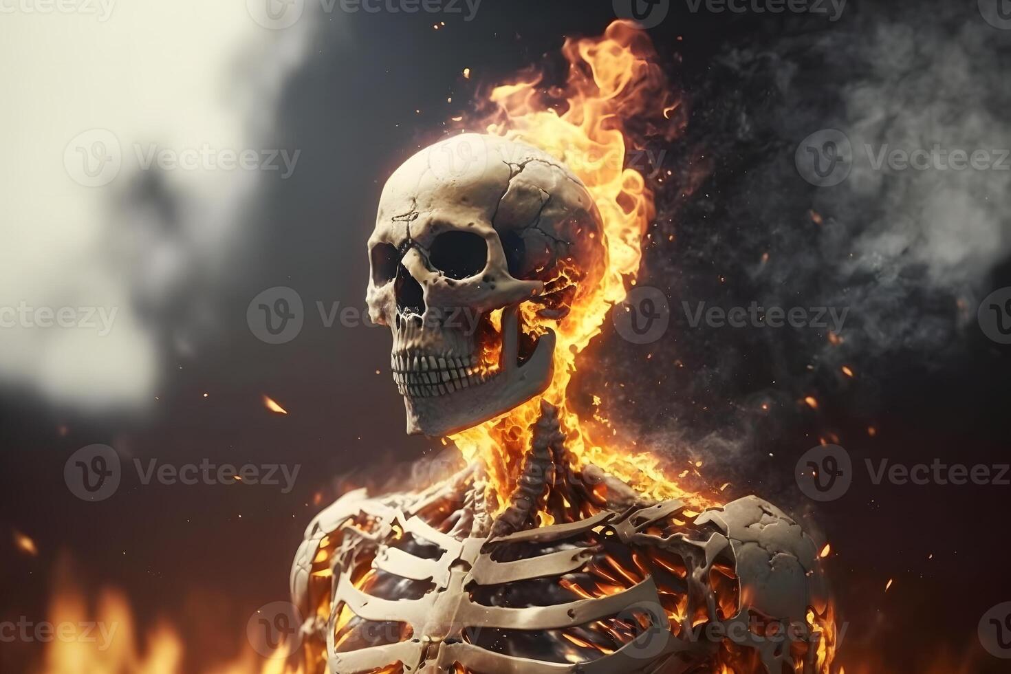 Scary skeleton on fire. Neural network AI generated photo