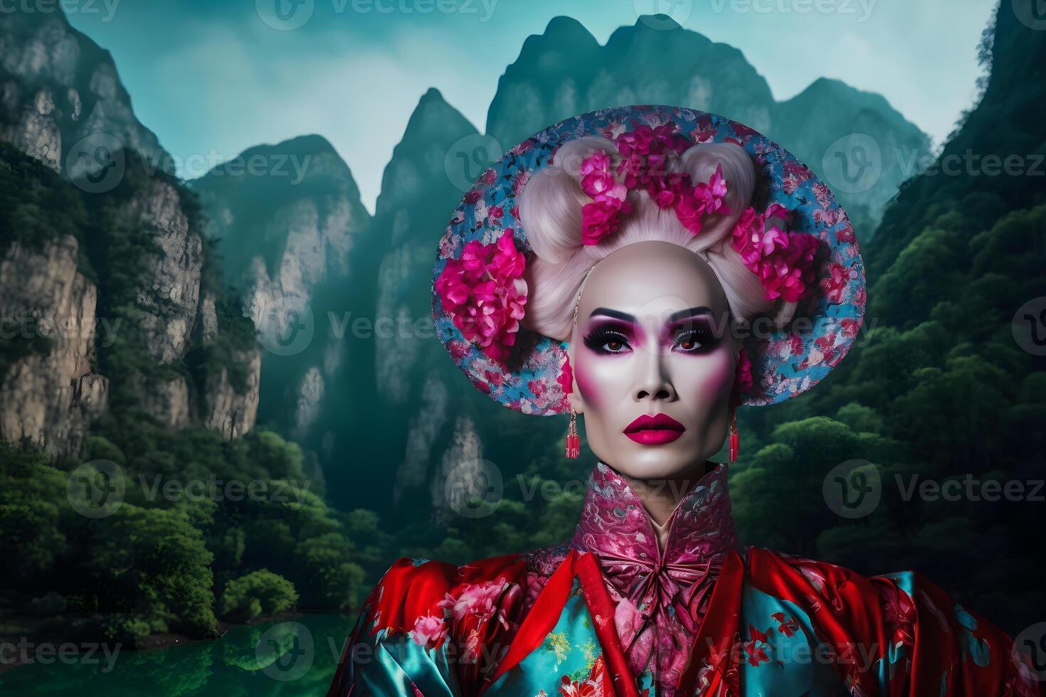 Asian Empress against the backdrop of a beautiful landscape. Neural network AI generated photo