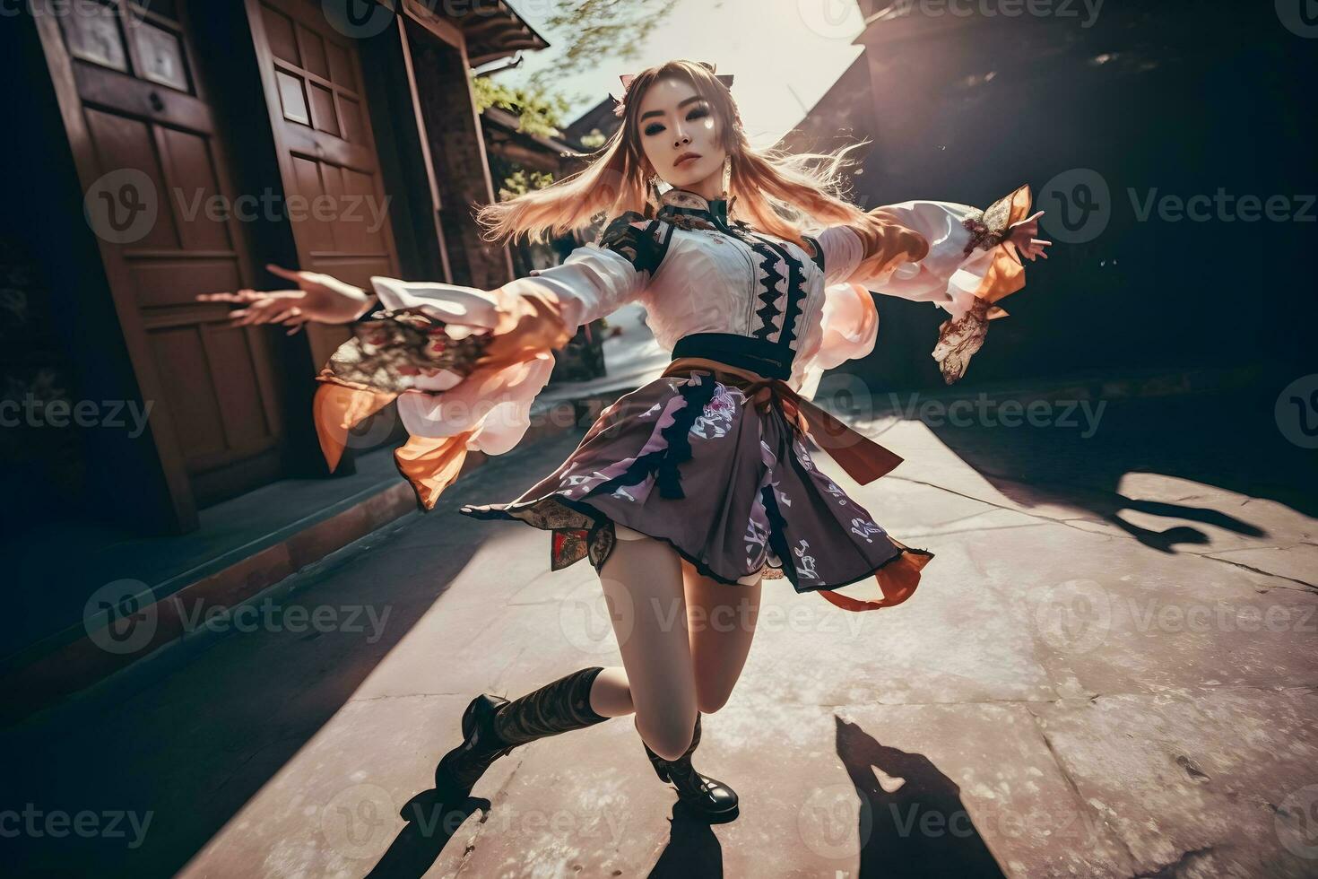 Asian girl in a beautiful costume is dancing k-pop. Neural network AI generated photo