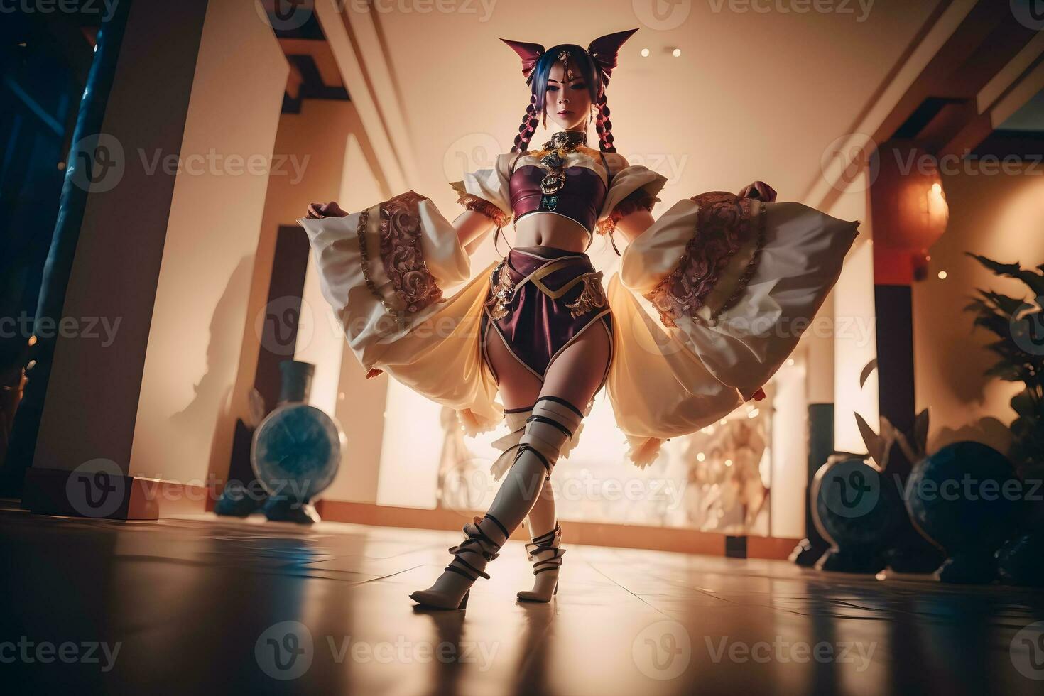 Asian girl in a beautiful costume is dancing k-pop. Neural network AI generated photo