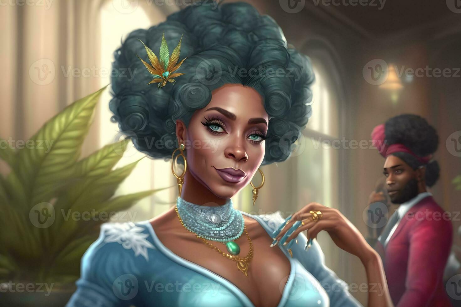 Beautiful fantasy black woman on cannabis background. Neural network AI generated photo