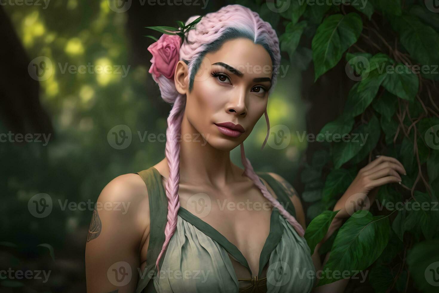 Beautiful woman with long braids in the forest. Neural network AI generated photo