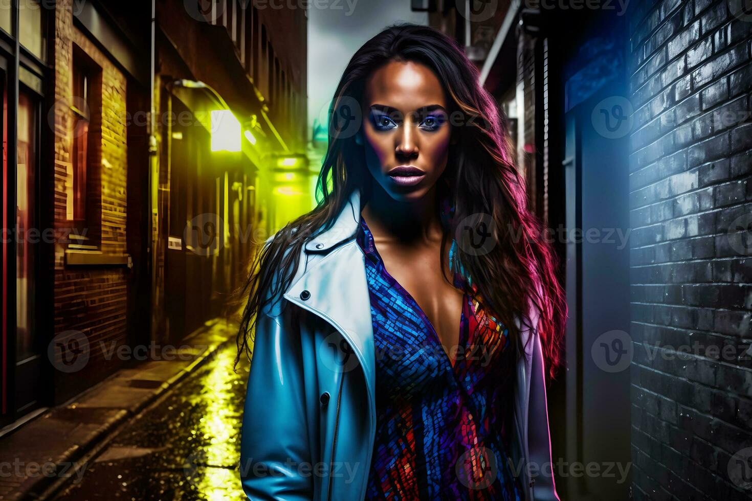 Cinematic night portrait of girl and neon lights. Neural network AI generated photo