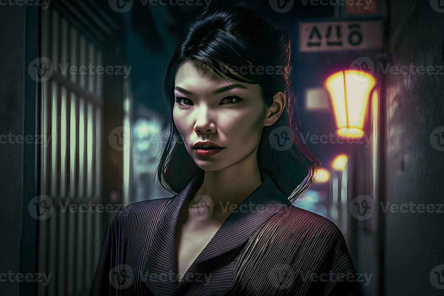 Cinematic night portrait of girl and neon lights. Neural network AI generated photo