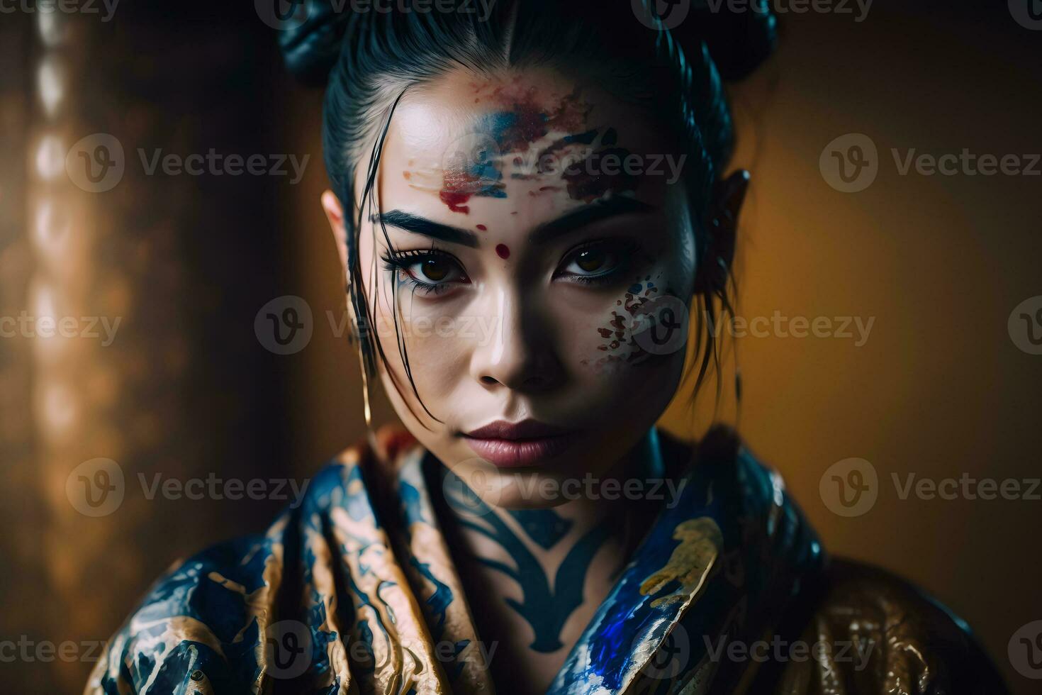 Japanese geisha with tattoo. Neural network AI generated photo