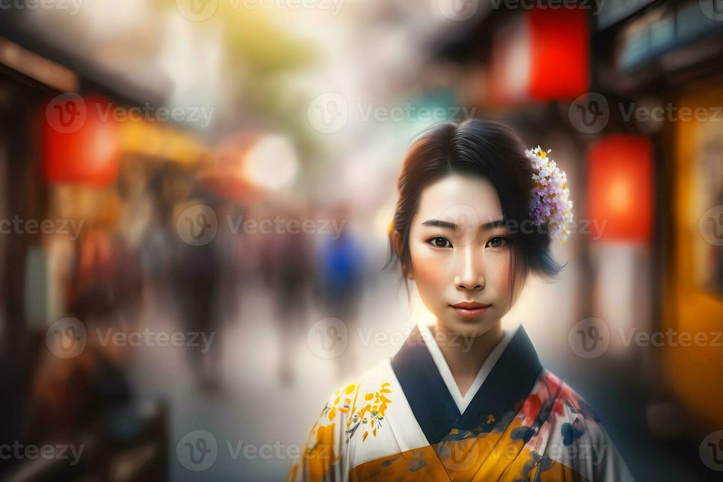 retrato de un japonés mujer en nacional ropa. neural red ai generado foto