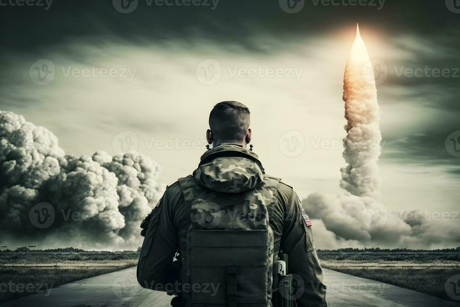 Soldier in front of a ballistic missile launch. Neural network AI generated photo