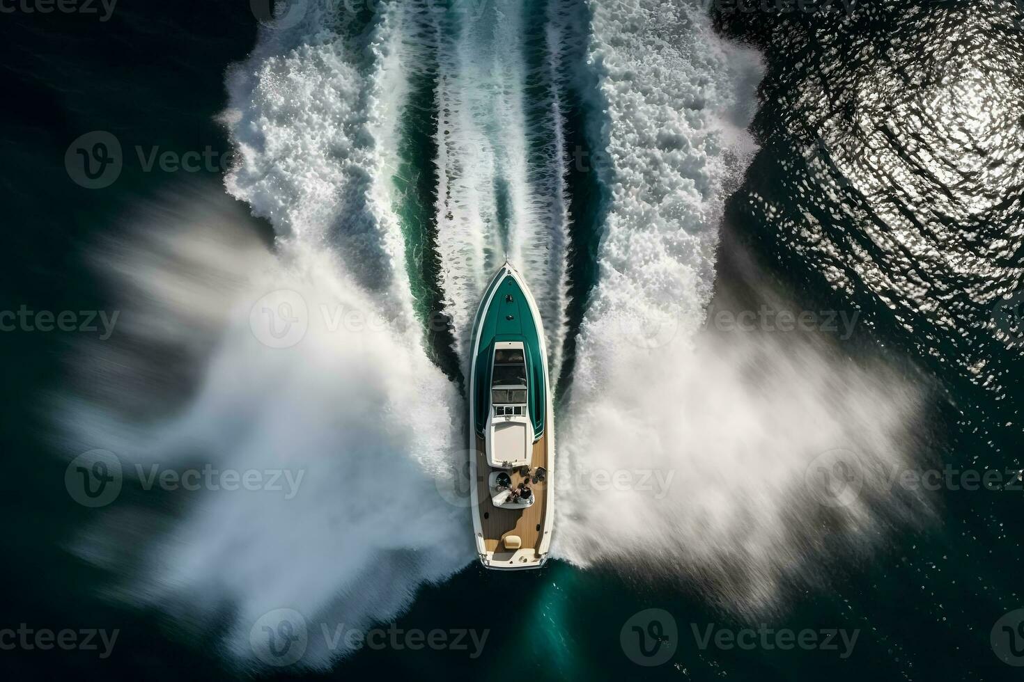 Boat floats in the sea, top view. Neural network AI generated photo