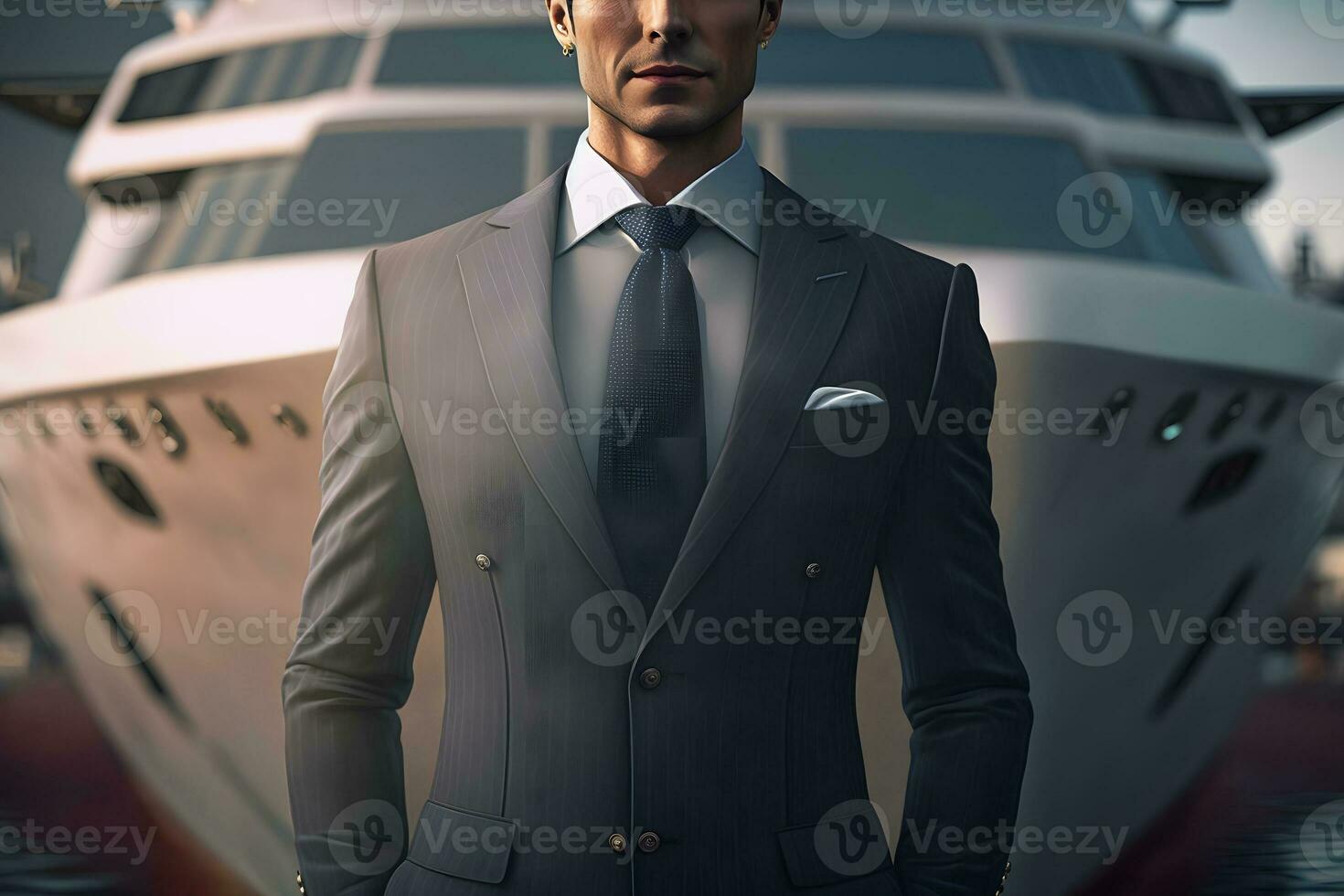 Confident successful businessman on the background of a private yacht. Neural network AI generated photo