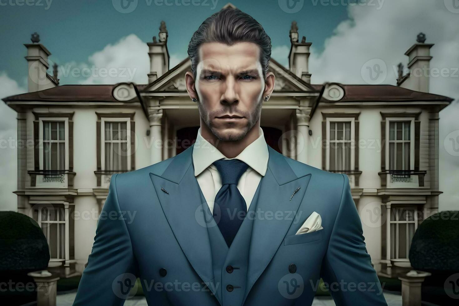 Successful businessman in front of his luxury home villa. Neural network AI generated photo