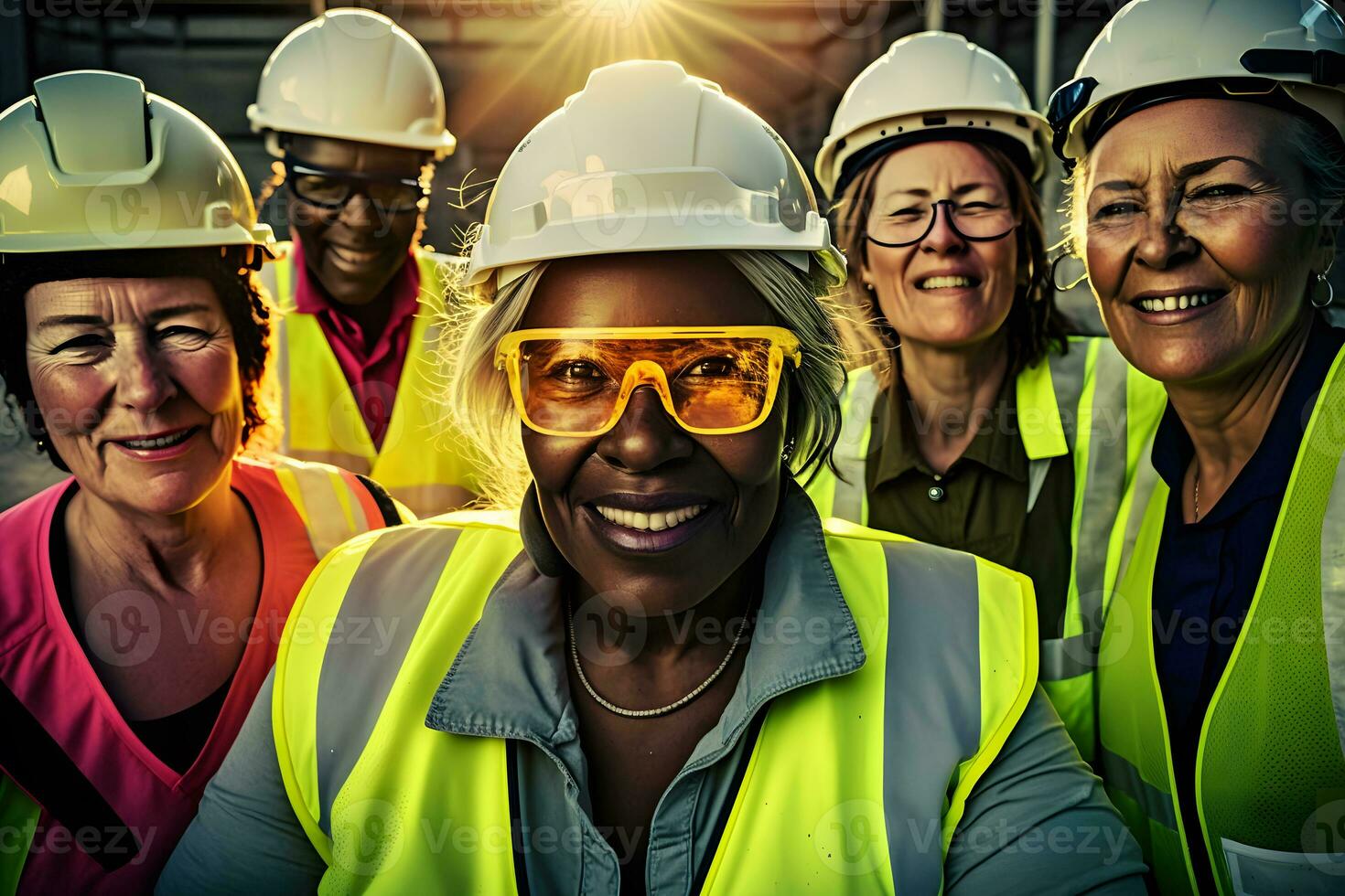 A team of female construction engineers. Female managers of different nationalities are working together. Neural network AI generated photo