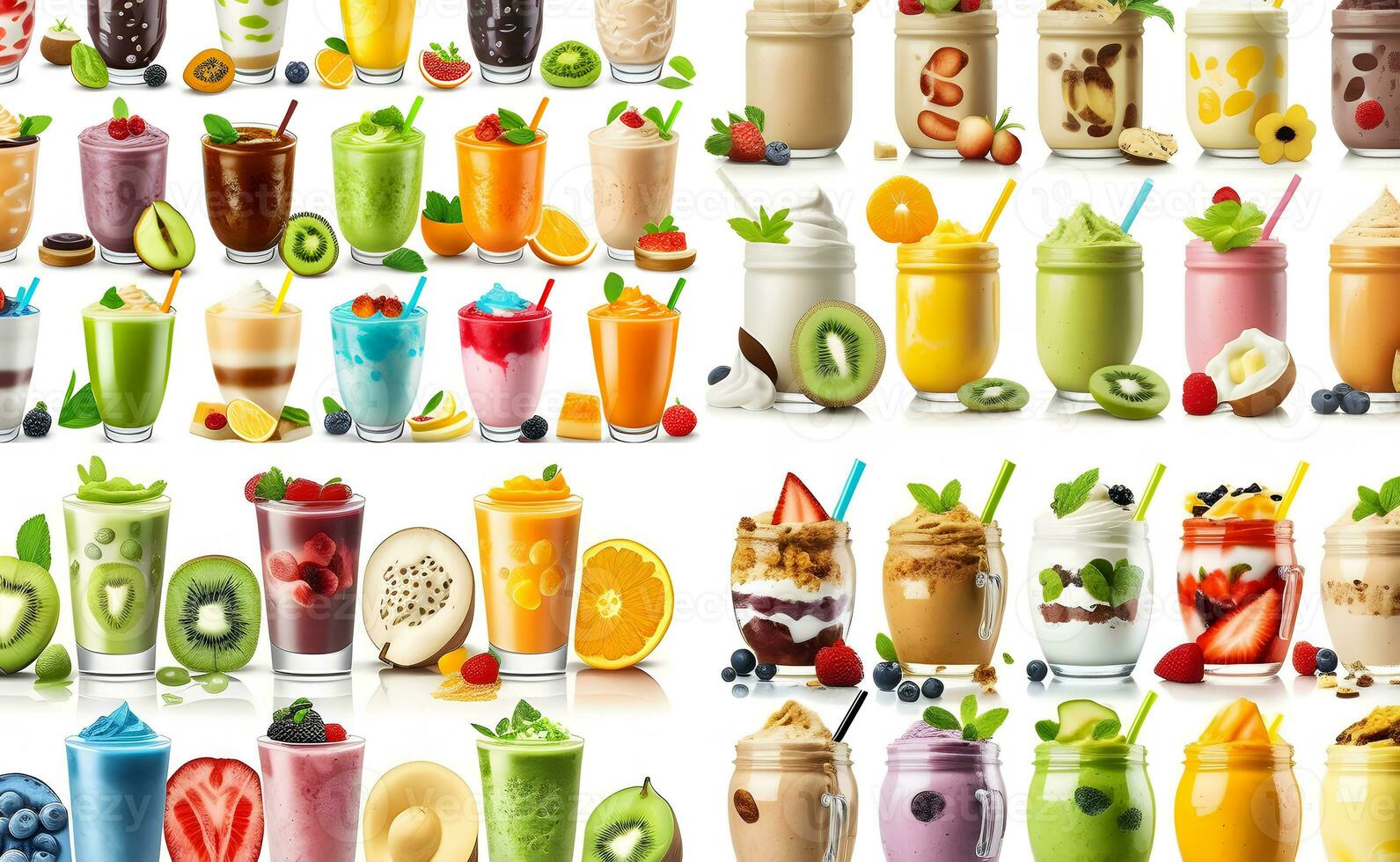 Collection of colorful delicious fruit smoothies isolated on white background. Neural network AI generated photo