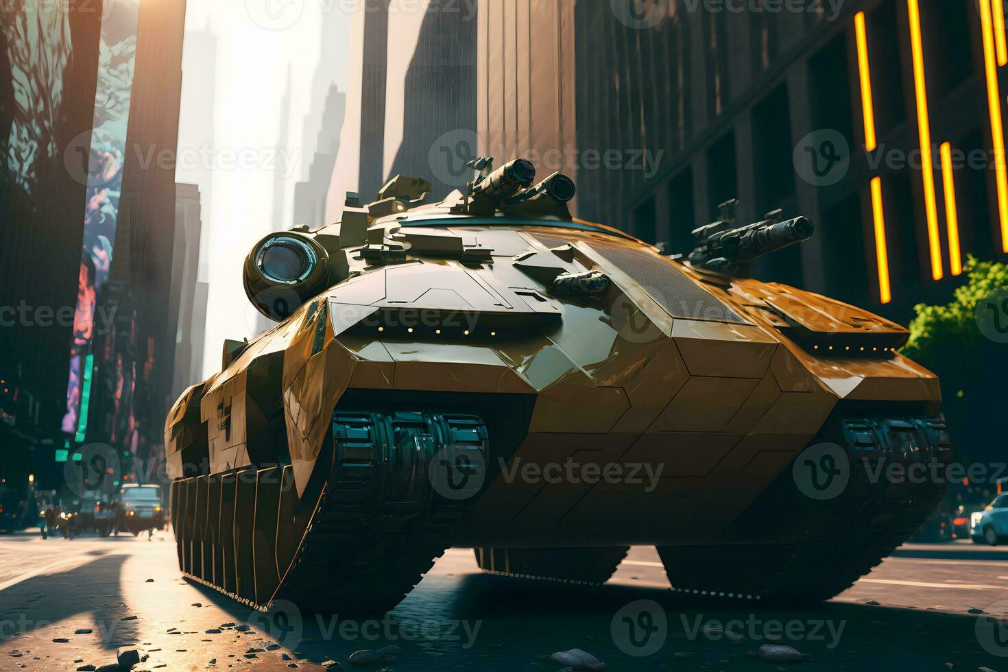 Modern futuristic battle tank with turret and cannon in city center. Neural network generated art photo