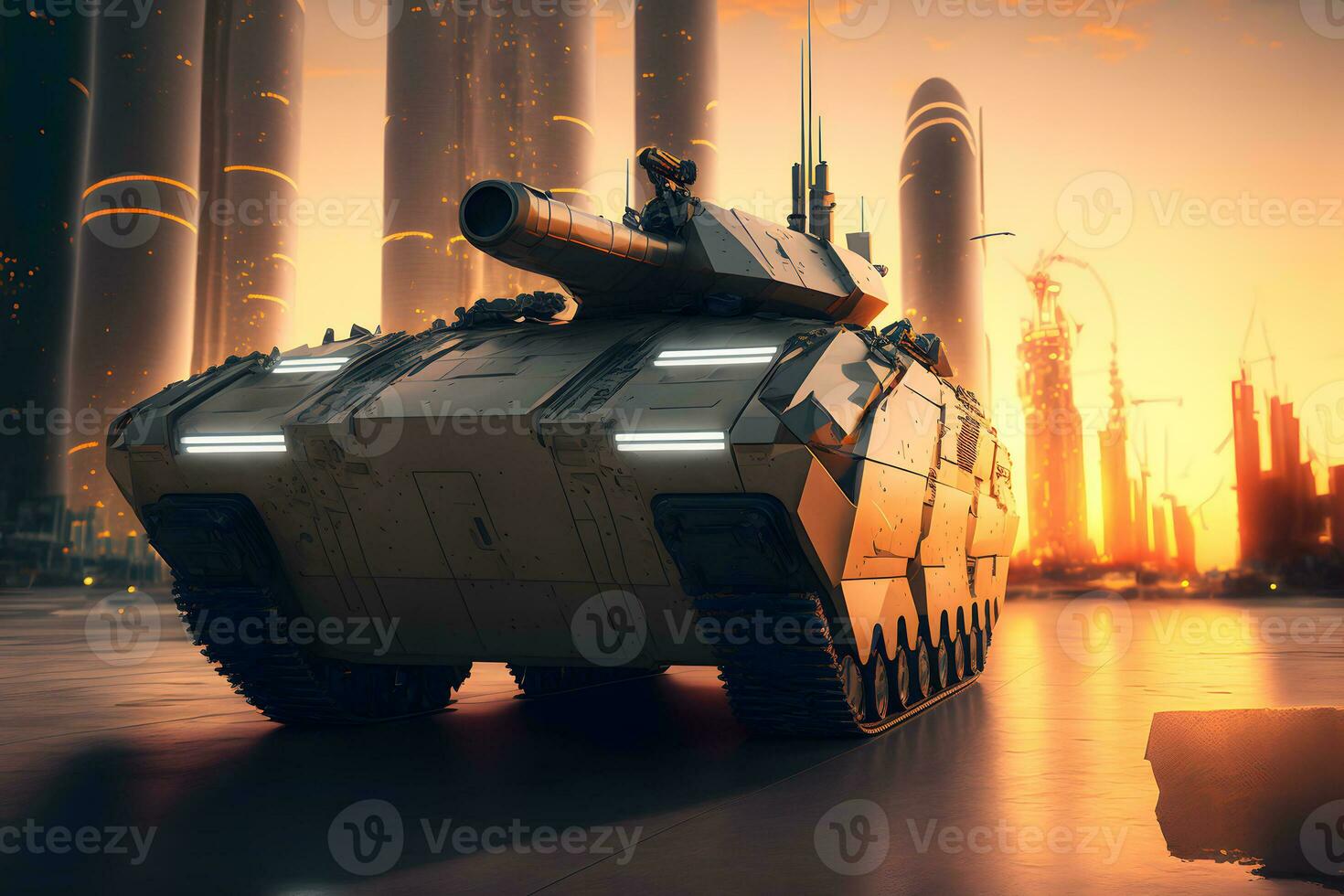 Modern futuristic battle tank with turret and cannon in city center. Neural network generated art photo