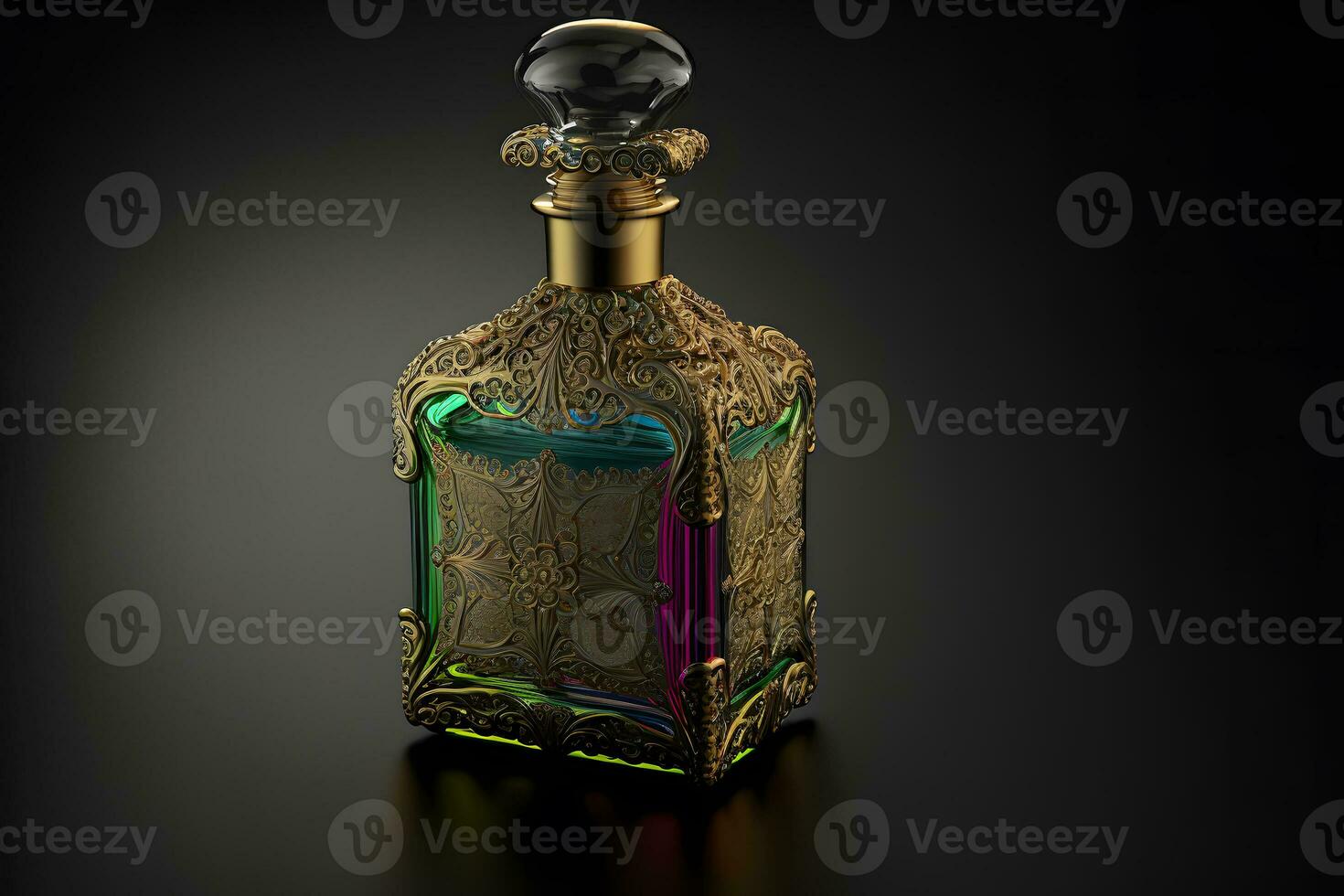 A Bottle of Perfume Women Eau De Parfum in Bottle Isolated on Black. Fragrance for Women Perfume Spray. Neural network generated art photo