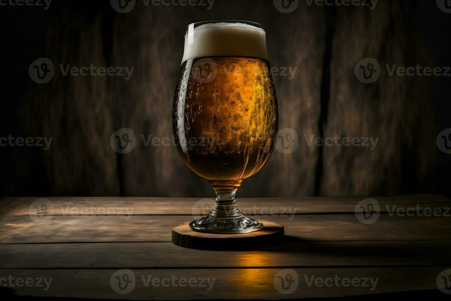 Beautiful beer with foam in classic beer glass in dark scene. Neural network generated art photo