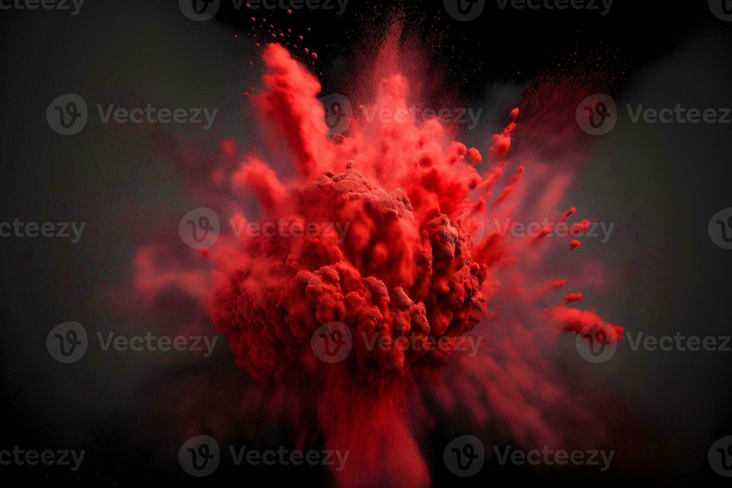 Explosion of red color paint powder on black background. Neural network generated art photo