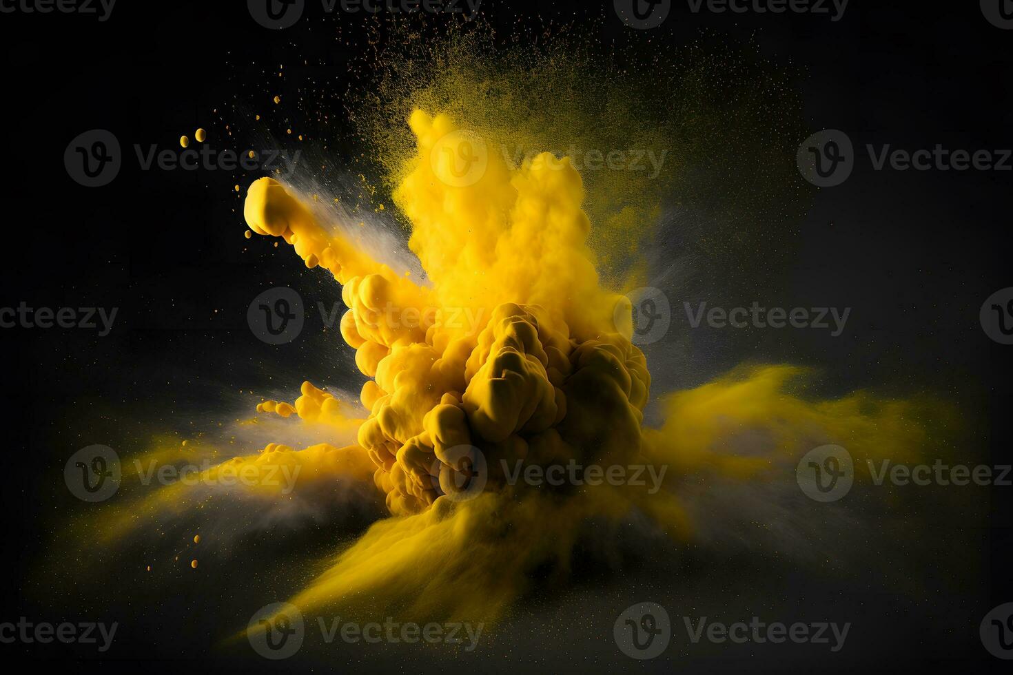 Explosion of yellow color paint powder on black background. Neural network generated art photo