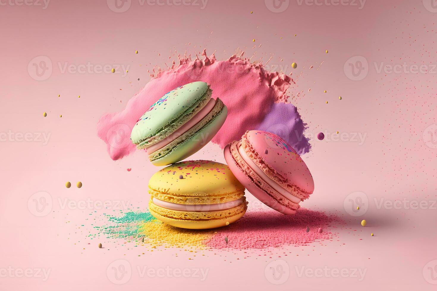 Colorful macarons with sugar powder explosion moment on pink background. Neural network generated art photo