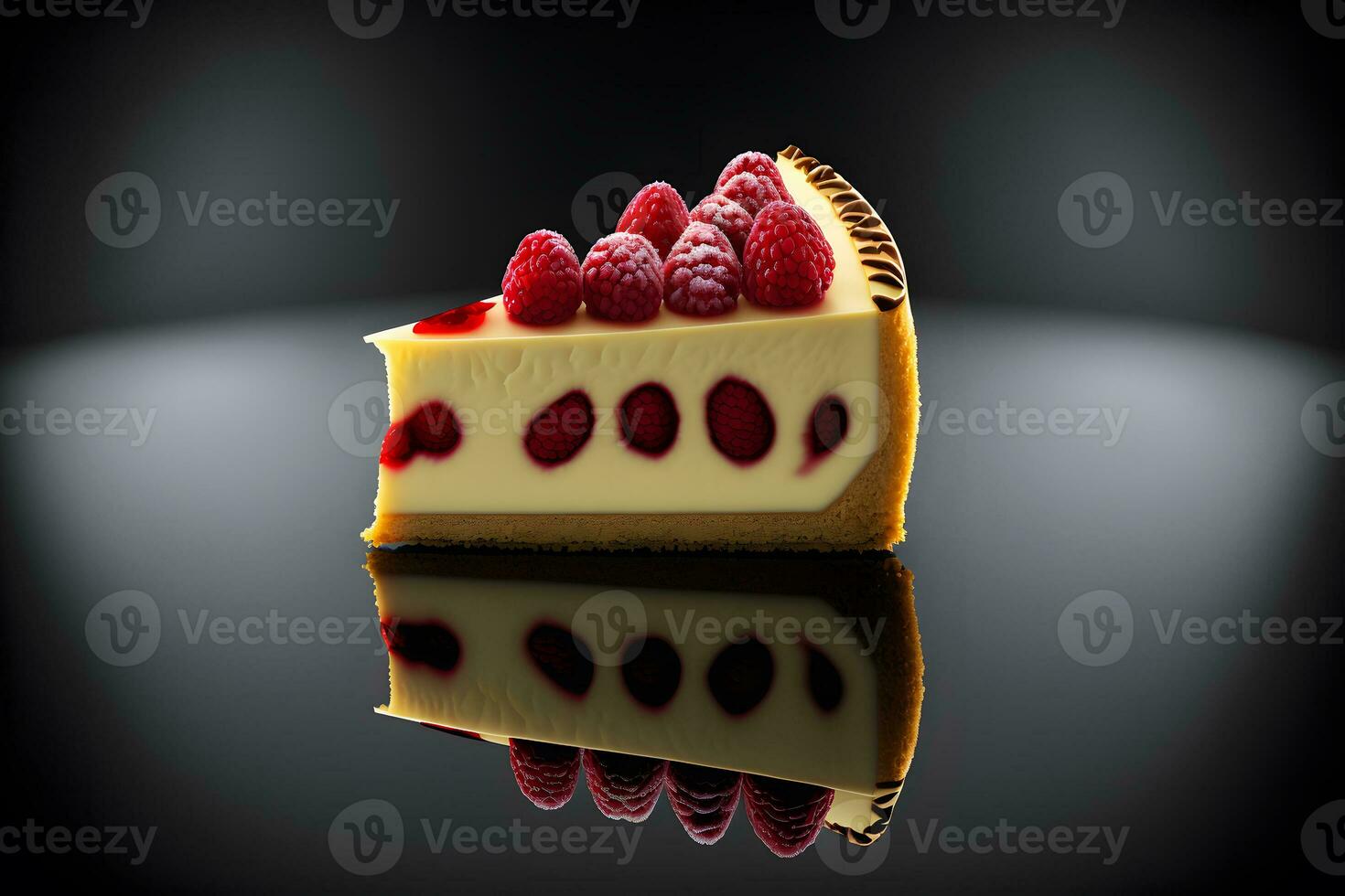 Piece of cheesecake with fresh raspberries and mint. Neural network generated art photo