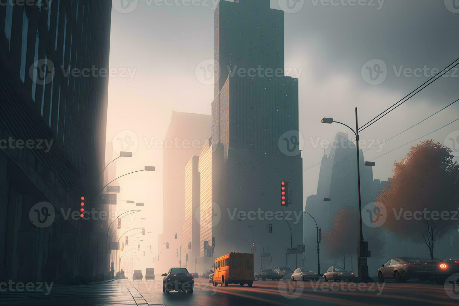 Urban skyscrapers at early foggy morning in the city district. Neural network generated art photo