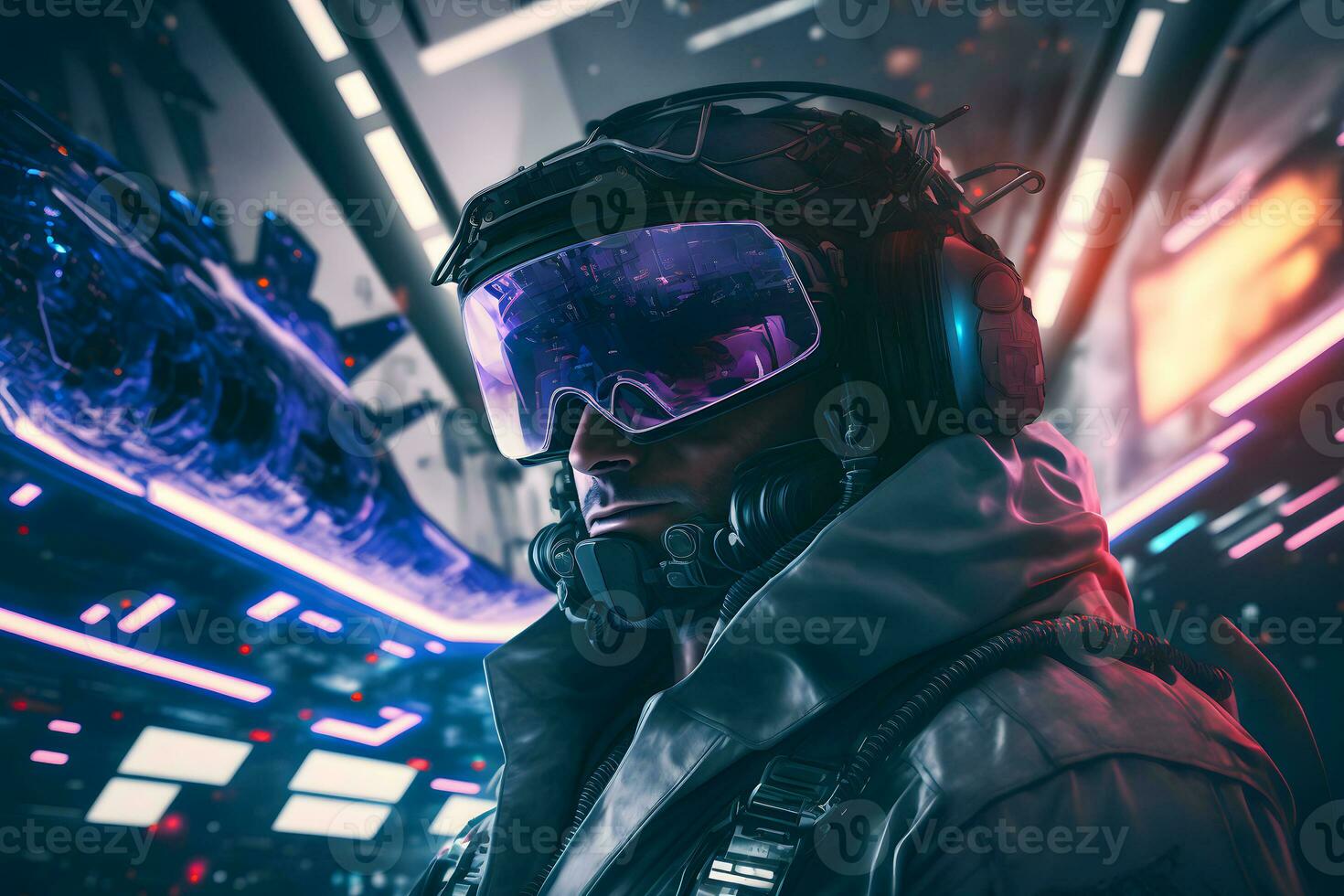 Modern futuristic destroyer jet pilot in helmet. Neural network generated art photo