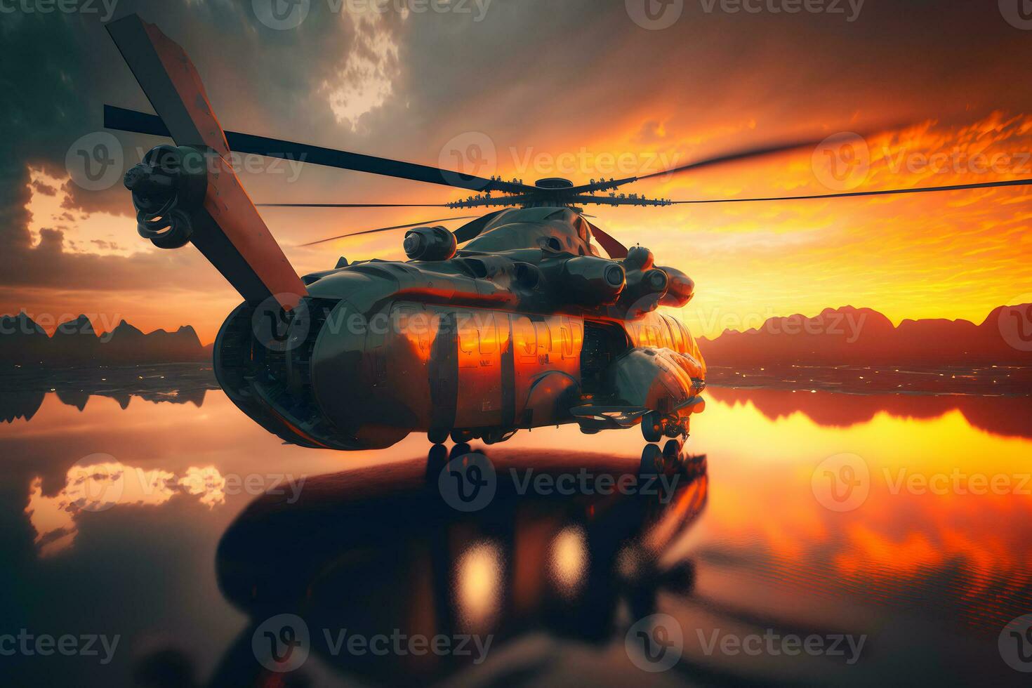 Modern futuristic army helicopter transport in city center. Neural network generated art photo