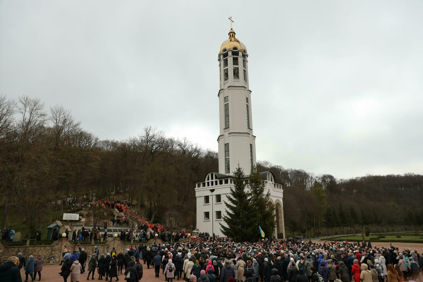TERNOPIL, UKRAINE - APRIL 2, 2023 Many people during mission in complex of Ukrainian Jerusalem in the Mari spiritual center of Zarvanytsia In the Terebovlya district of the Ternopil photo