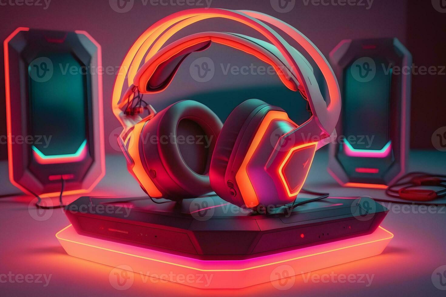 Gaming headphones and neon lighting. Neural network AI generated photo