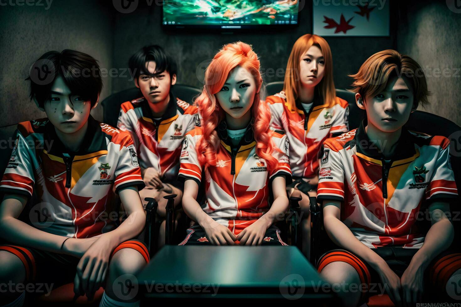 Team of asian teenage cyber sport gamers. Neural network AI generated photo