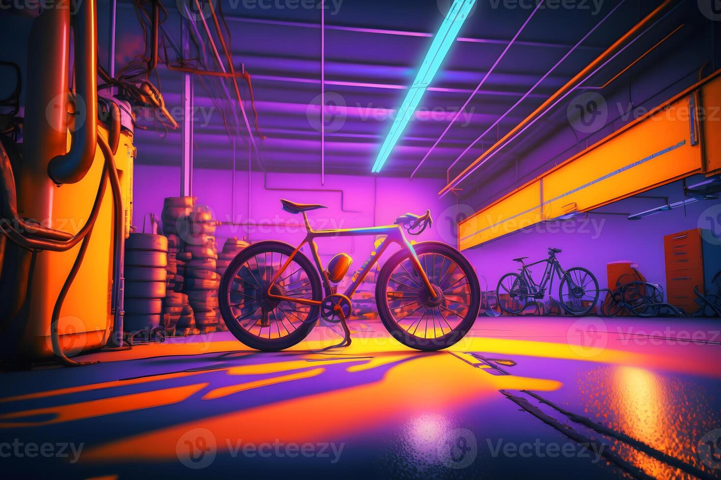 Bicycle in a neon garage. Neural network AI generated photo