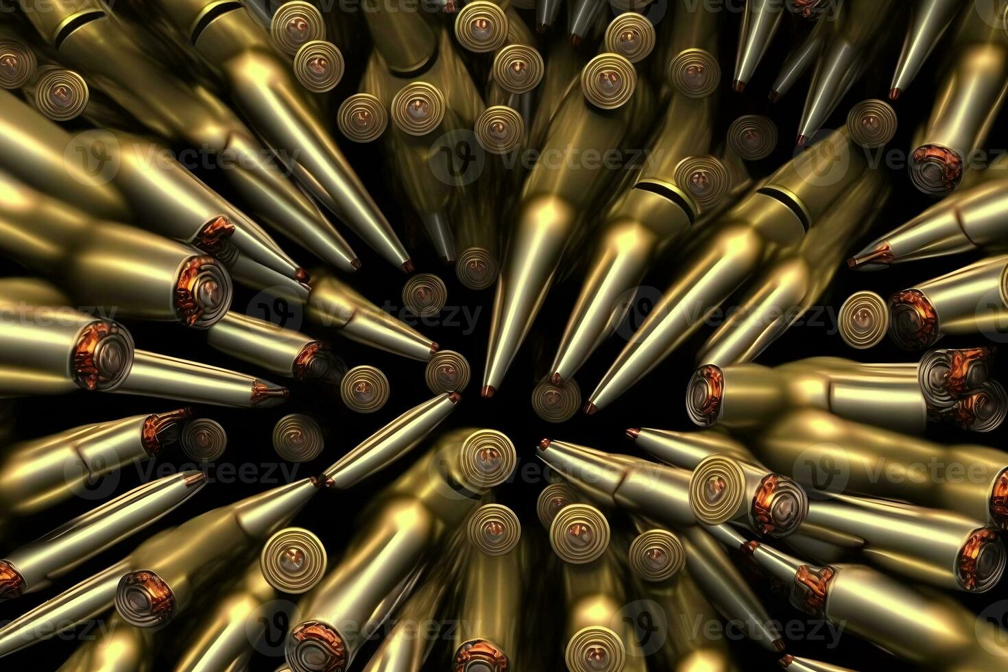 A pile of ammunition for weapons. Cartridges for machine guns and carbines. Background from new shiny cartridges. Neural network AI generated photo