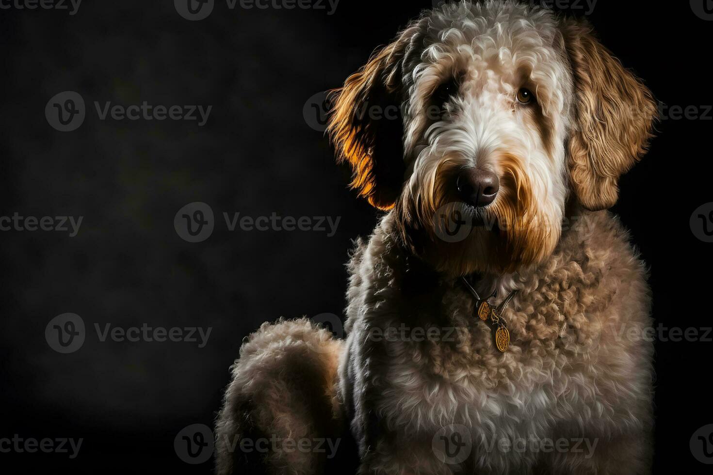 Golden Labradoodle dog on a black background. Neural network AI generated photo