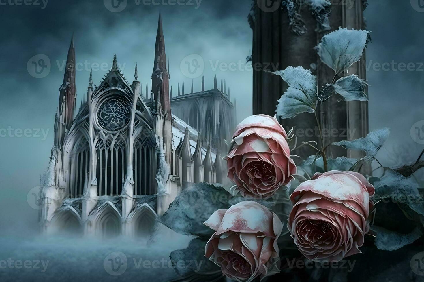 Winter gothic castle with roses. Neural network AI generated photo