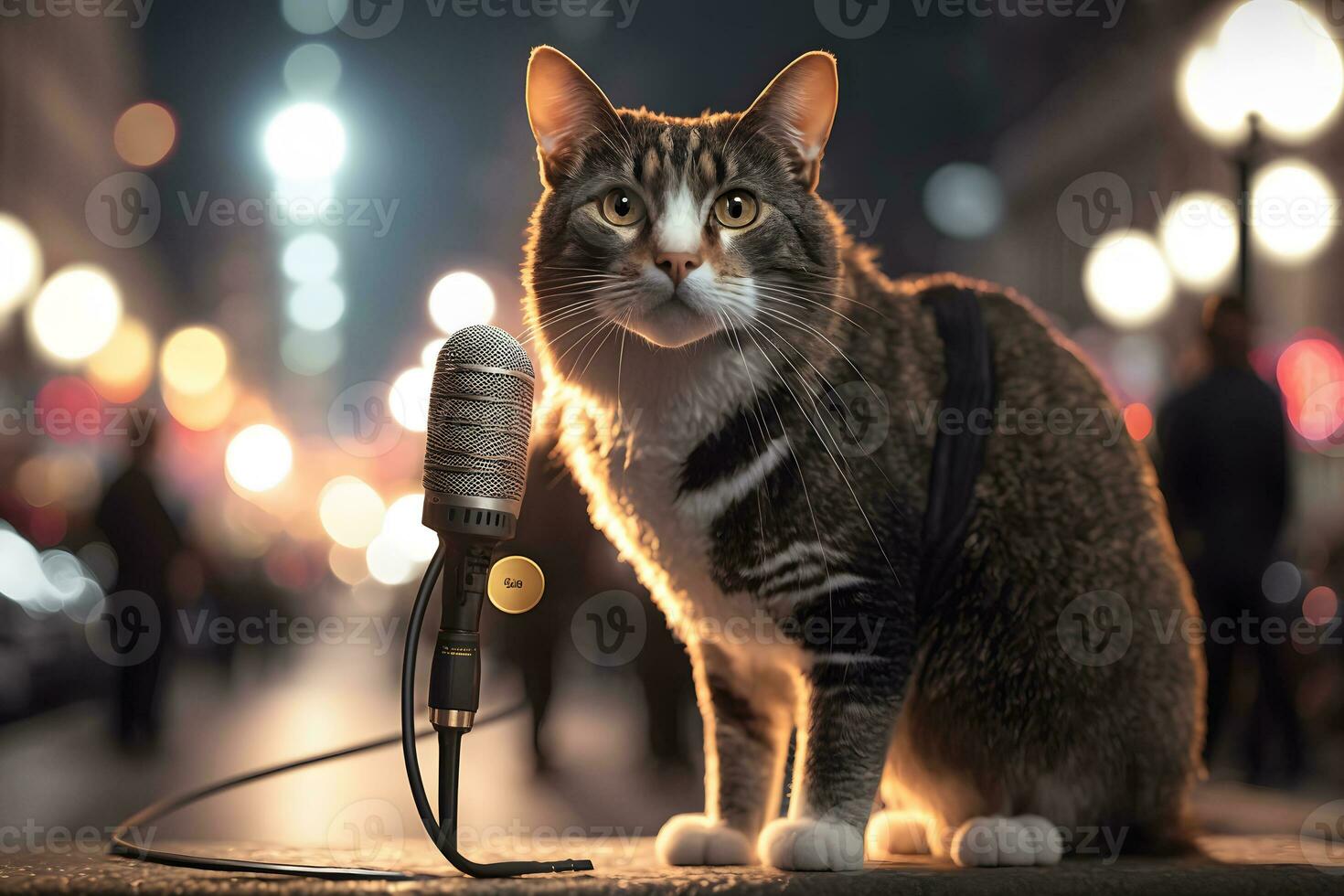 Cat artist sings into a microphone. Neural network AI generated photo