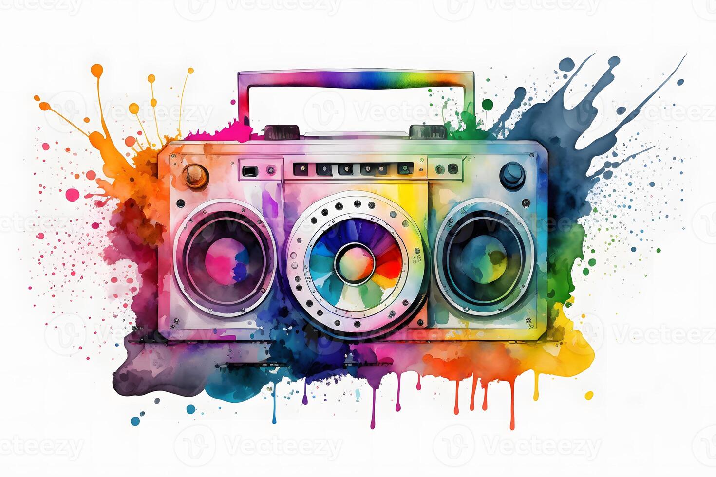 Retro ghetto blaster isolated on white with rainbow watercolor splash. Neural network AI generated photo