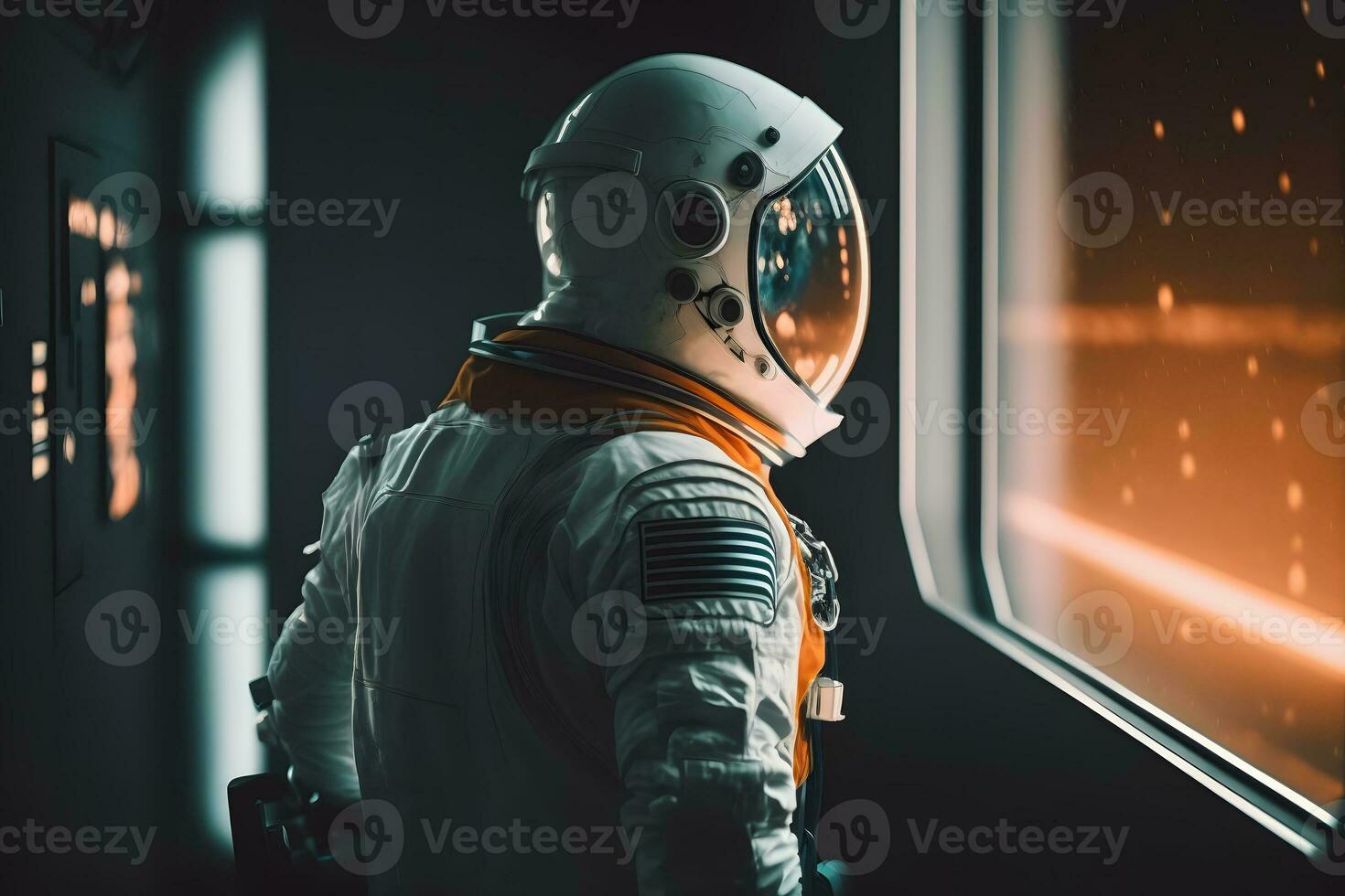 Portrait of Caucasian male astronaut inside spaceship cockpit. Sci-fi space exploration concept. Neural network AI generated photo