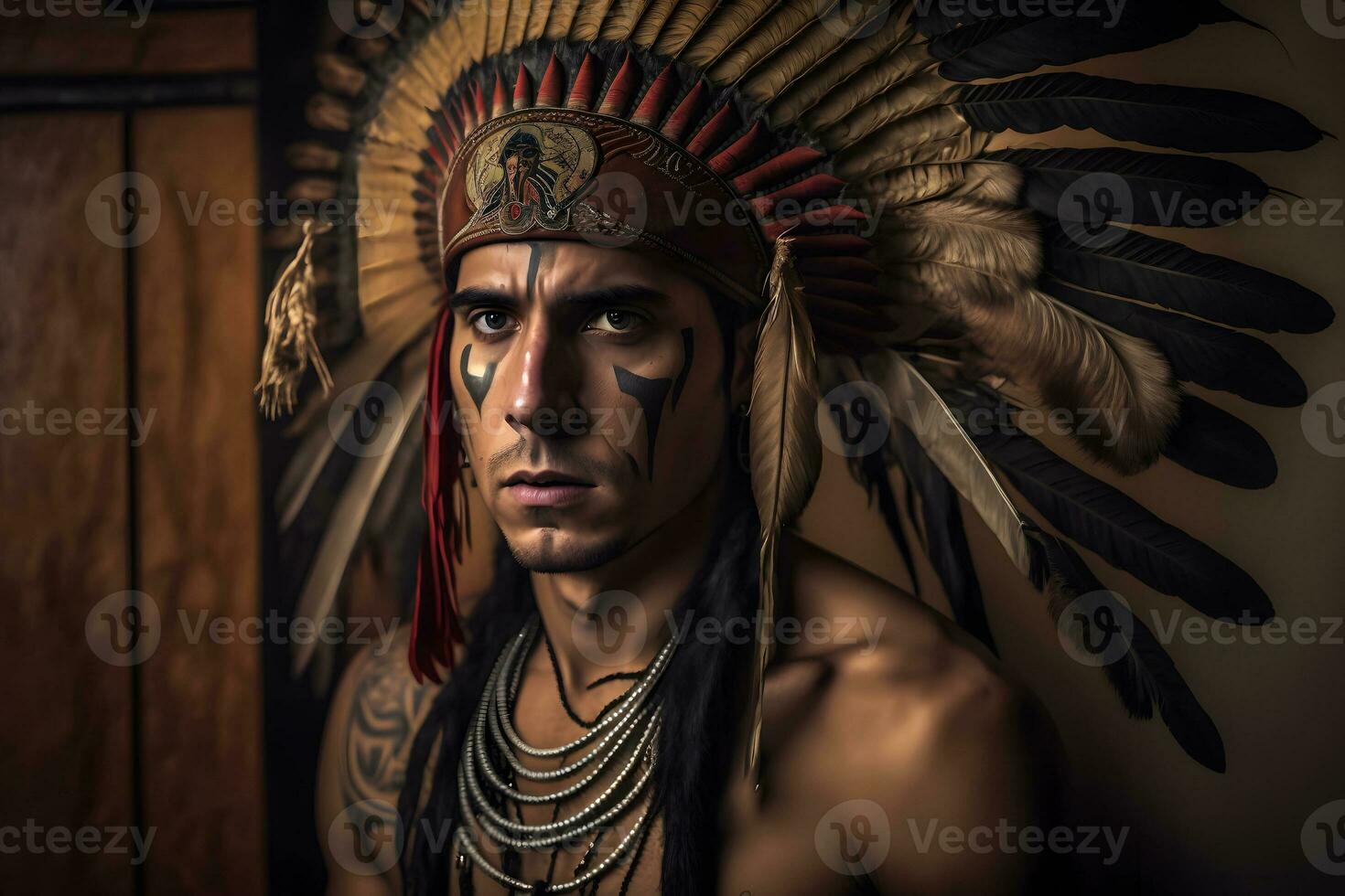 native Americans. portrait of Americans Indian man. Neural network AI generated photo