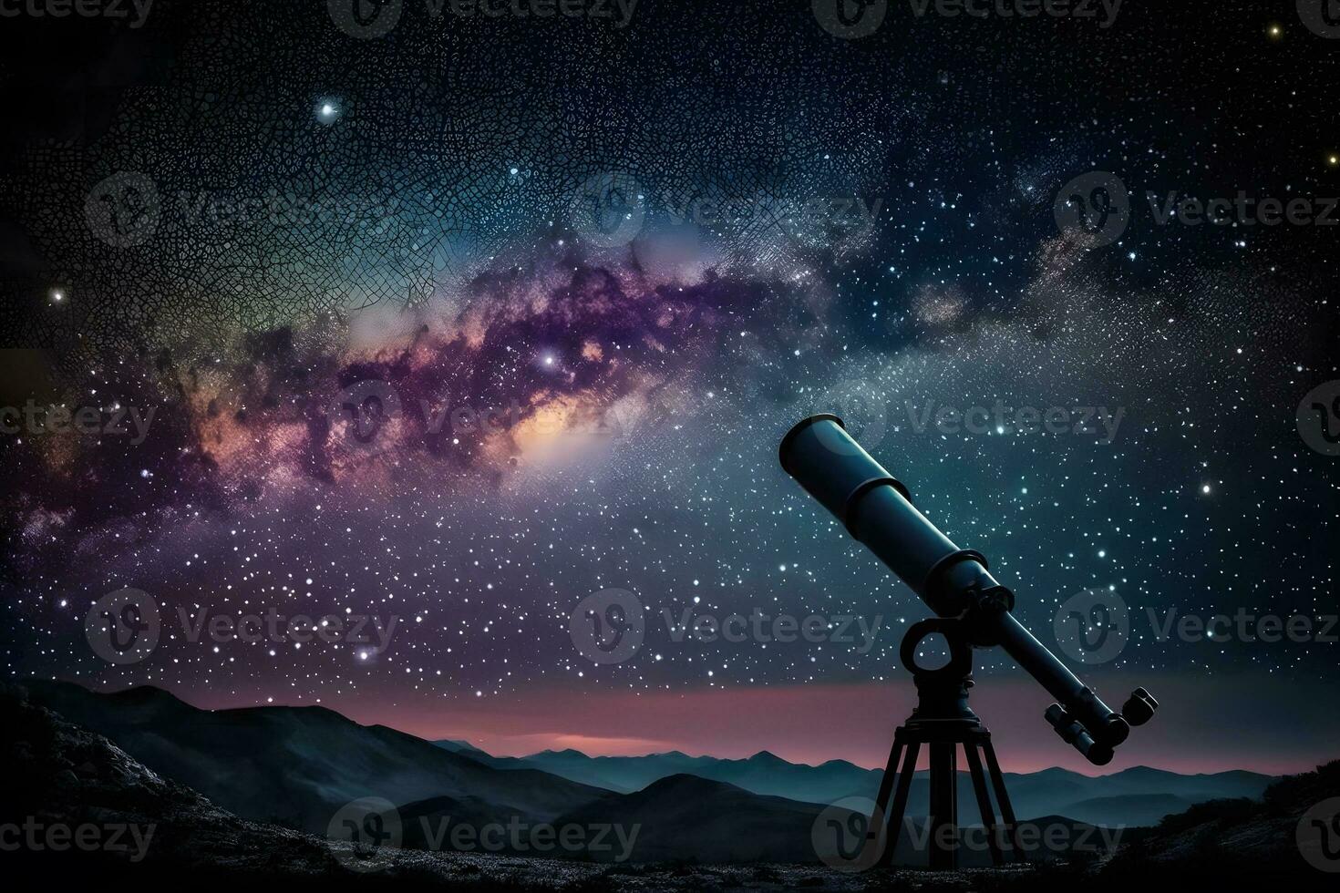 Infinite space background with silhouette of telescope. Neural network AI generated photo