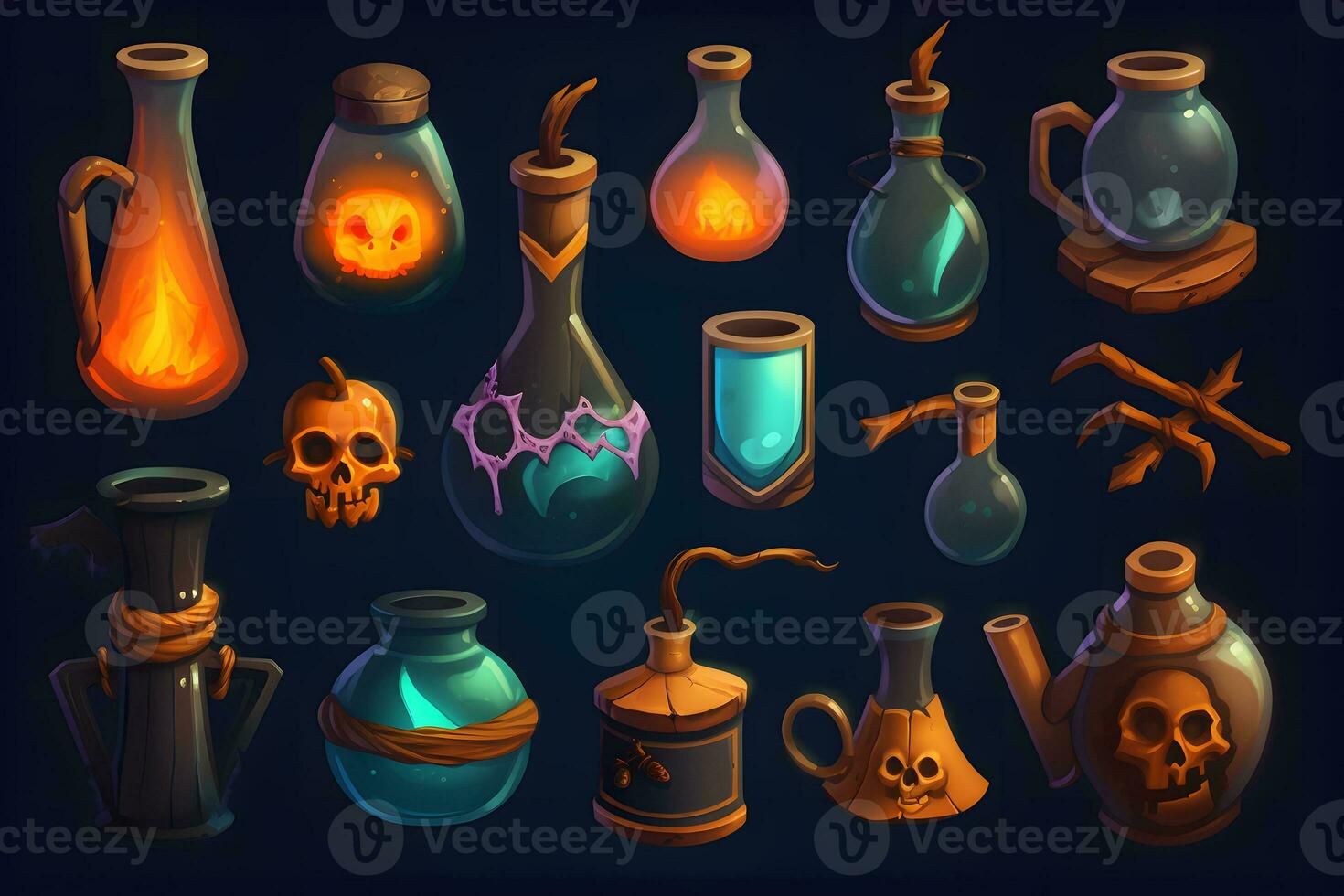 Set of magical potion bottles. Neural network AI generated art photo