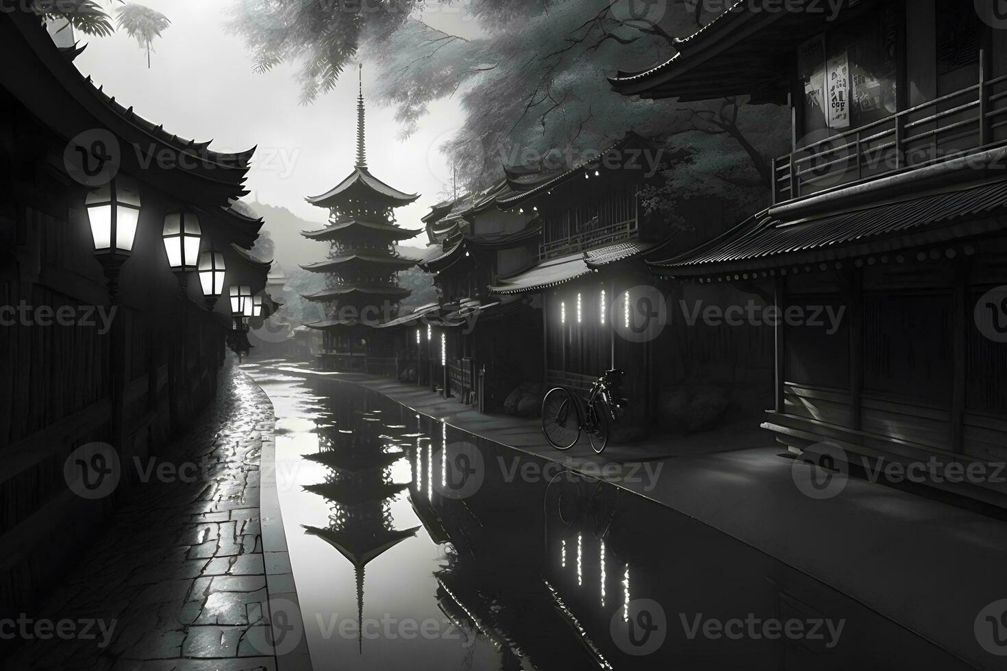 Asian city landscape black and white. Neural network AI generated photo