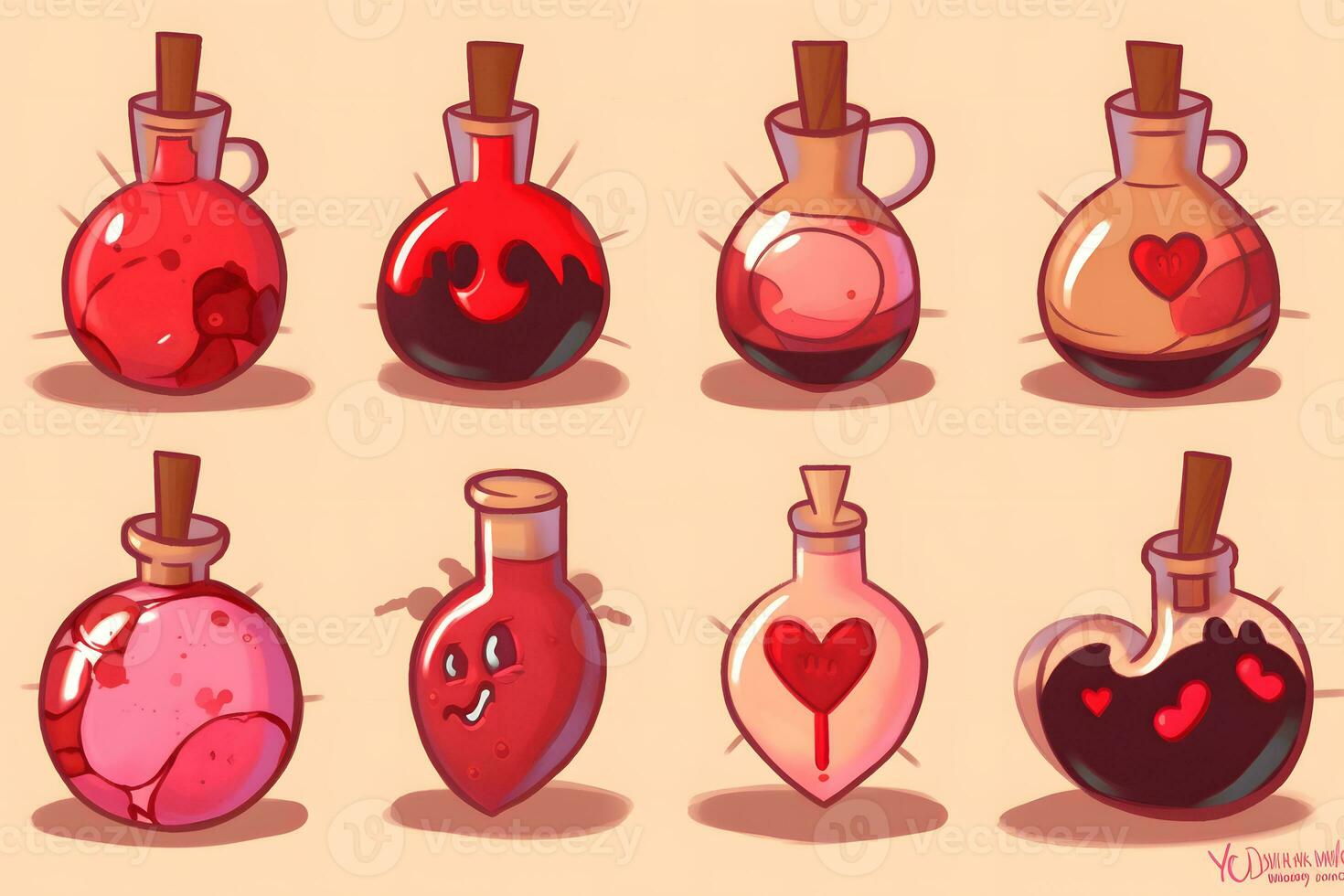 Set of magical red potion bottles. Neural network AI generated art photo